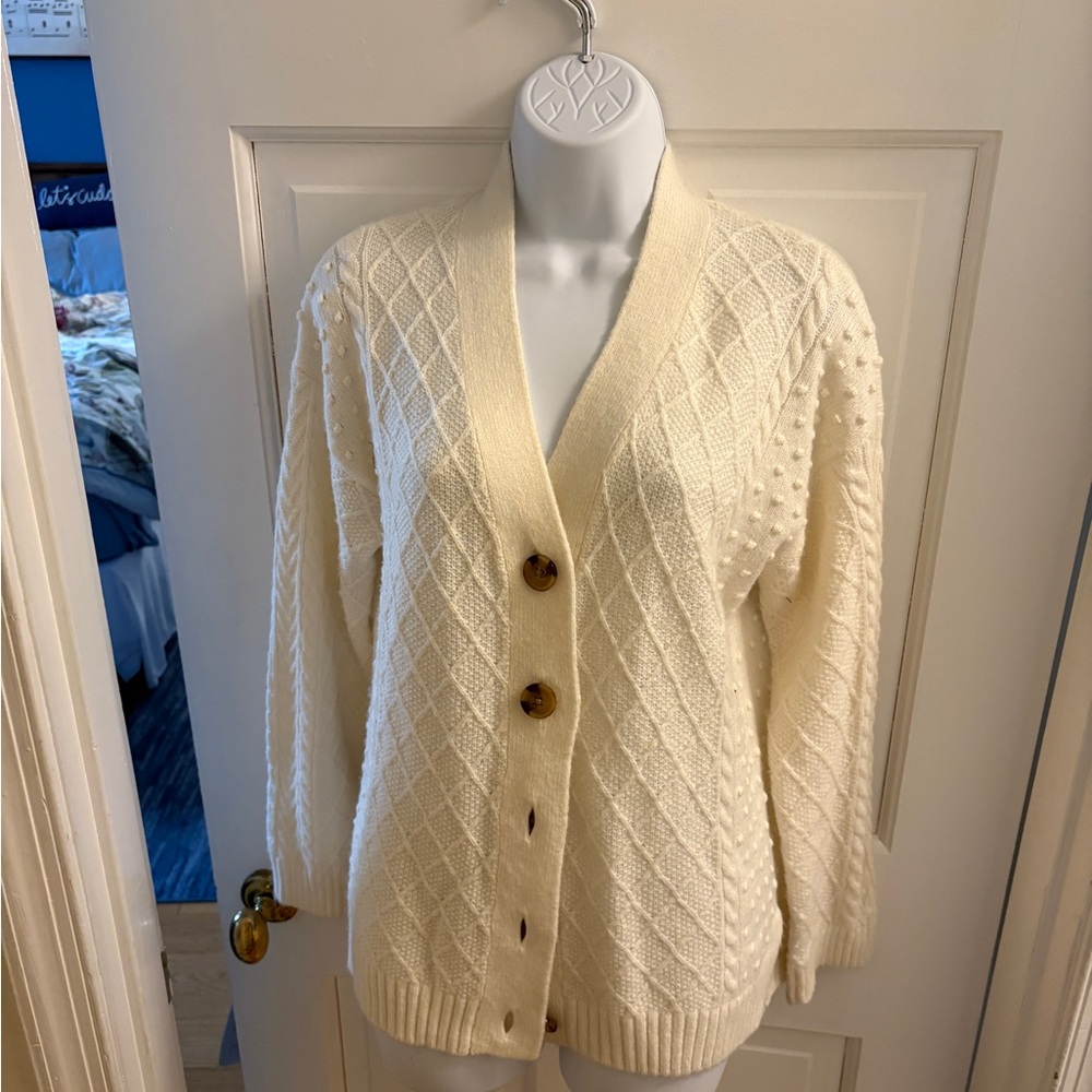 UEC Ann Taylor Wool Cream Cable Knit Cardigan Sweater